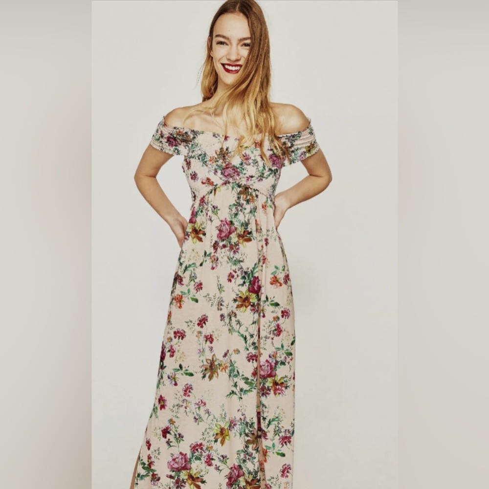 Zara off Shoulder Floral Maxi Dress - Blush Pink